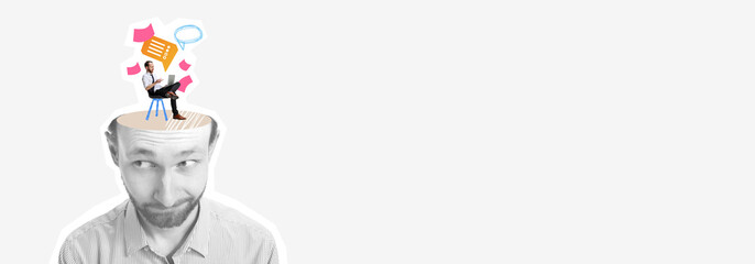 Contemporary art collage. Black and white portrait of young man having colorful thoughts about working process