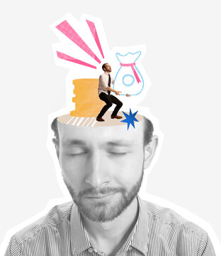 Contemporary Artwork. Black And White Portrait Of Calm Man Having Colorful Dream Of Becoming Rich, Carrying Money.