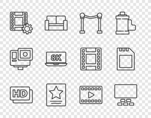 Set line Hd movie, tape, frame, Cinema auditorium with seats, Rope barrier, Hollywood walk of fame star, Play Video, Laptop 8k, and SD card icon. Vector