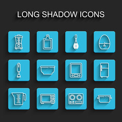 Set line Measuring cup, Microwave oven, Blender, Gas stove, Cooking pot, Bowl, Refrigerator and Electronic scales icon. Vector