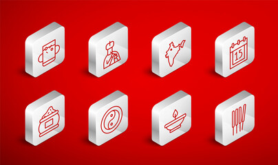 Set line Aroma sticks, incense, Indian man plays flute, map, Independence day, lamp, Cup of tea and leaf, Yin Yang and spice icon. Vector