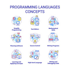 Fototapeta premium Programming languages concept icons set. Writing code. Computer science idea thin line color illustrations. Isolated symbols. Editable stroke. Roboto-Medium, Myriad Pro-Bold fonts used