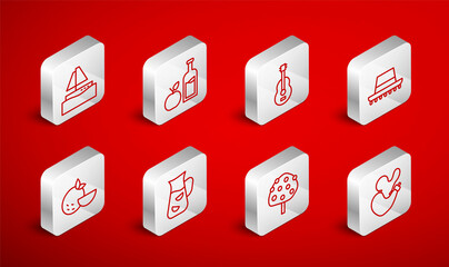 Set line Spanish wineskin, Apple cider bottle, guitar, hat, Orange tree, Yacht sailboat, Sangria and fruit icon. Vector