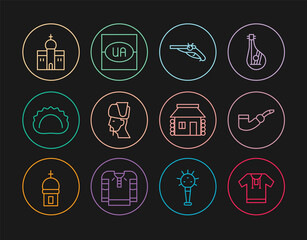 Set line Embroidered shirt, Smoking pipe, Vintage pistols, Ukrainian cossack, Dumplings, Church building, house and Flag of Ukraine icon. Vector