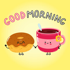 Cute happy cup of tea and chocolate donut card. Vector hand drawn doodle style cartoon character illustration icon design. Happy cup of tea and chocolate donut friends concept card
