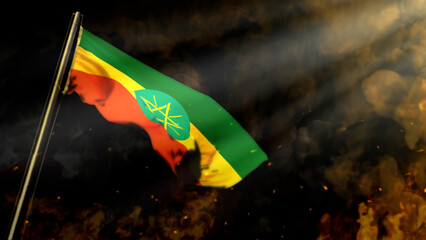 soft focus Ethiopia flag on smoke with sun beams background - disaster concept - abstract 3D rendering