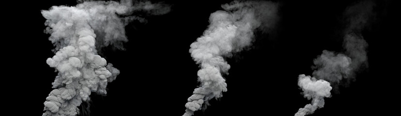 3 white pollution smoke columns from masut power plant on black, isolated - industrial 3D rendering