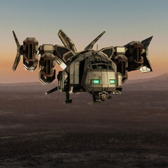 3d render of sci-fi dropship aircraft in the air - 507048673