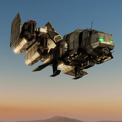 3d render of sci-fi dropship aircraft in the air - 507048678