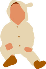 A one-year-old baby sits in a light overalls and a hood with ears