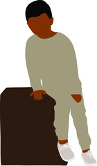 A black grown up boy in a gray suit sits on a square pouffe