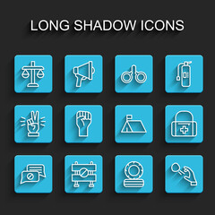 Set line Speech bubble chat, Road barrier, Scales of justice, Lying burning tires, Hooligan shooting stones, Raised hand with clenched fist, First aid kit and Protest camp icon. Vector