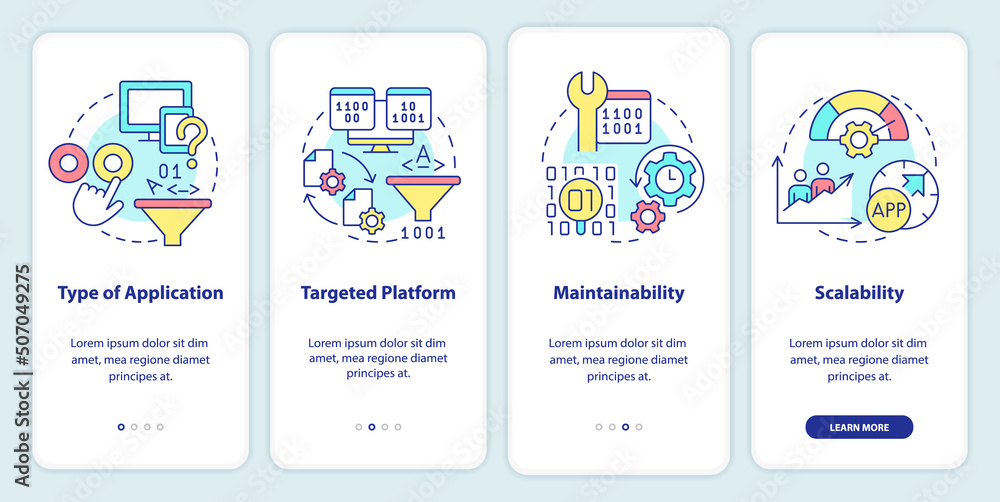 Wall mural programing language choice criteria onboarding mobile app screen. walkthrough 4 steps graphic instru