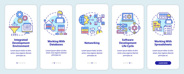 Program building skills onboarding mobile app screen. Walkthrough 5 steps graphic instructions pages with linear concepts. UI, UX, GUI template. Myriad Pro-Bold, Regular fonts used