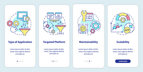 Naklejka premium Programing language choice criteria onboarding mobile app screen. Walkthrough 4 steps graphic instructions pages with linear concepts. UI, UX, GUI template. Myriad Pro-Bold, Regular fonts used