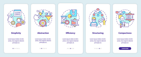 Features of programming languages onboarding mobile app screen. Walkthrough 5 steps graphic instructions pages with linear concepts. UI, UX, GUI template. Myriad Pro-Bold, Regular fonts used