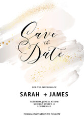 Pastel save the date card , elegant stationery set for birthday party invitation, baby shower, bridal shower, poster, rsvp, marriage announcement in vector grey beige colora with gold texture