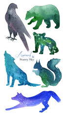 Watercolor forest animals silhouette,  eagle and bear, wolf, fox, and squirrel. Abstract green, blue background. Ink splashes