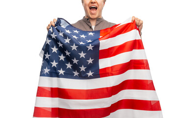 independence day, patriotic and human rights concept - angry man with flag of united states of...