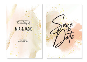 Minimalist save the date rsvp card pink gold set. Modern greeting card stationery template, watercolor ink minimal spalsh in vector , birthday invite, marriage graphic  autumn paint , fall wedding