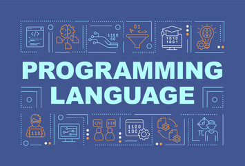 Programming language word concepts dark blue banner. Computer commands. Infographics with icons on color background. Isolated typography. Vector illustration with text. Arial-Black font used