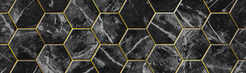 Hex grey marble stone texture tiles with golden borders