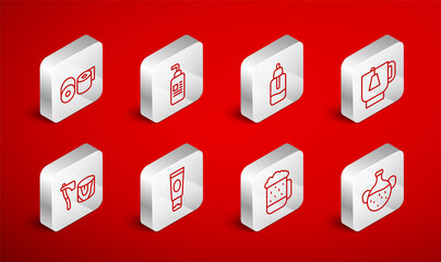 Set line Essential oil bottle, Cream or lotion cosmetic tube, Cup of tea with tea bag, Wooden beer mug, Toilet paper roll, and axe in stump icon. Vector