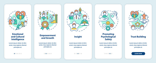 Traits of inclusive leaders onboarding mobile app screen. Walkthrough 5 steps editable graphic instructions with linear concepts. UI, UX, GUI template. Myriad Pro-Bold, Regular fonts used