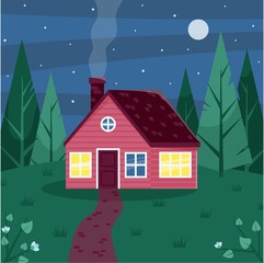Fototapeta premium A wooden house among the fir trees. Summer evening.