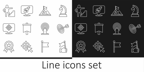 Set line Hand holding flag, Target, Mountains with, Flag, Stair finish, arrow and Rocket ship icon. Vector
