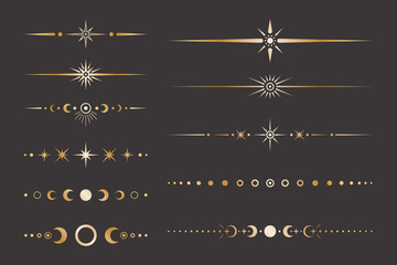 Fototapeta premium Vector celestial golden border set with stars, moon phases, crescents and dots. Collection of ornate shiny magical isolated clipart for mystic decoration