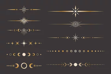 Foto op Plexiglas Vector hemelse gouden rand set met sterren, maanstanden, halve manen en stippen. Verzameling van sierlijke glanzende magische geïsoleerde clipart voor mystieke decoratie © Murhena