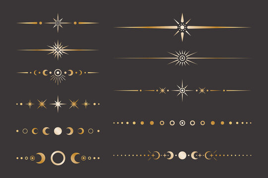 Vector celestial golden border set with stars, moon phases, crescents and dots. Collection of ornate shiny magical isolated clipart for mystic decoration