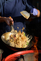 Chef cooks Chinese noodle wok at street food festival