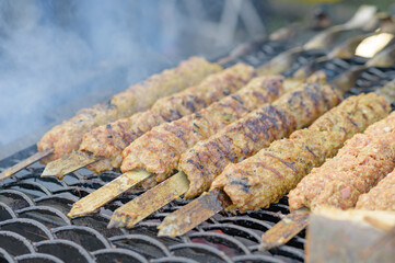 Turkish chicken shish kebab on grill