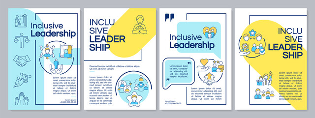 Fototapeta na wymiar Inclusive leadership blue and yellow brochure template. Team work. Leaflet design with linear icons. Editable 4 vector layouts for presentation, annual reports. Questrial, Lato-Regular fonts used