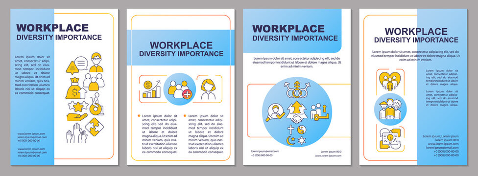 Workplace Diversity Importance Blue Brochure Template. Leaflet Design With Linear Icons. Editable 4 Vector Layouts For Presentation, Annual Reports. Arial, Myriad Pro-Regular Fonts Used