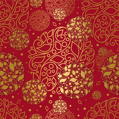 Red and gold leaves seamless pattern. Abstract vector ornament template. Paisley elements. Great for fabric, invitation, background, wallpaper, decoration, packaging or any desired idea.