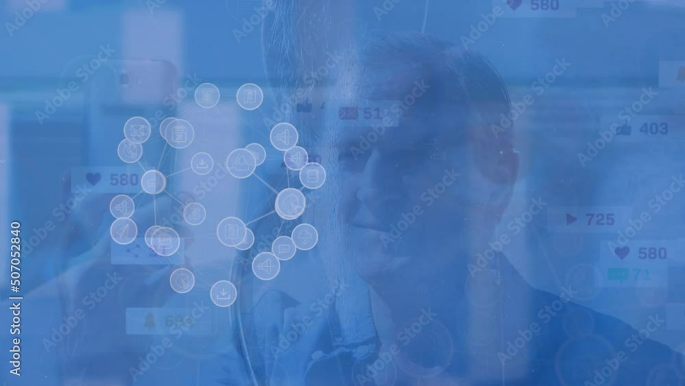 Aufkleber animation of network of connections with icons over caucasian men using smartphone