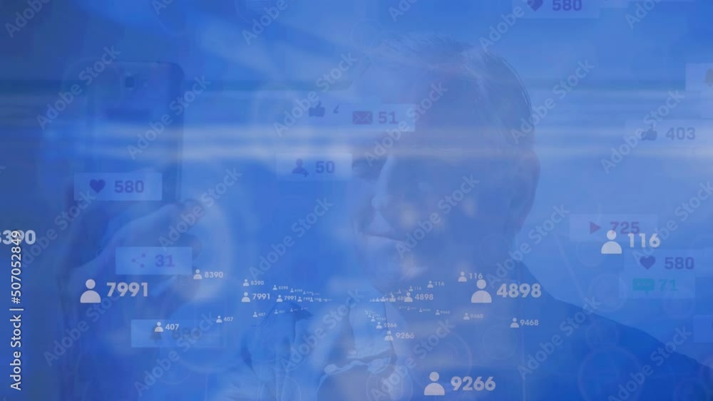 Aufkleber animation of network of connections with icons over caucasian men using smartphone