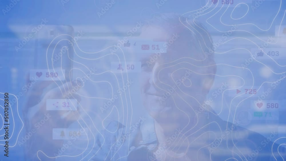 Aufkleber animation of network of connections with icons over caucasian men using smartphone
