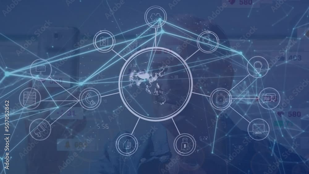 Aufkleber animation of network of connections with icons over caucasian men using smartphone