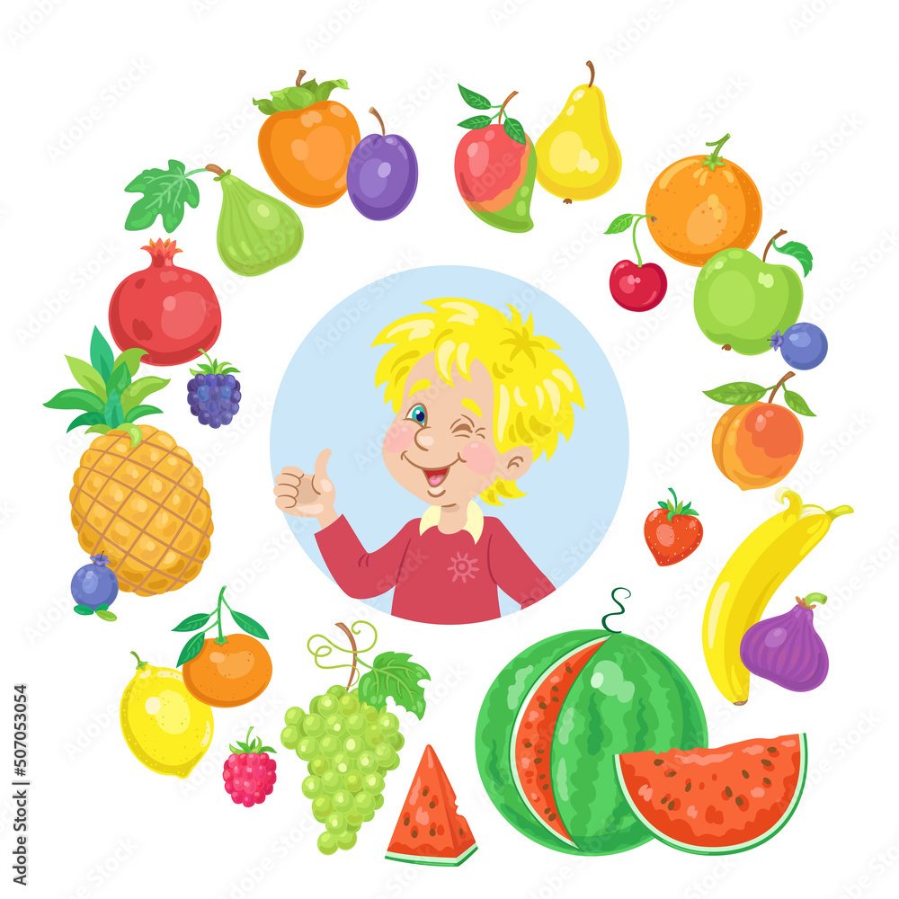 Poster Child and healthy food. Happy funny boy surrounded by colorful fruits. In cartoon style. Isolated on white background. Vector flat illustration