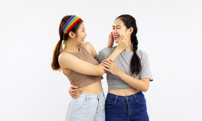 Photo of Two Young asian women in concept of lgbt couple on white color background.