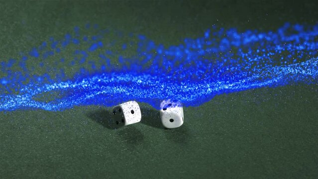 Animation of blue wave over dice on game table - Powered by Adobe