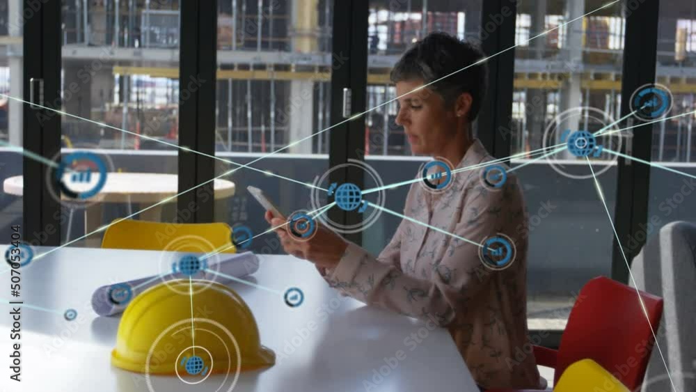 Poster animation of network of connections with icons over caucasian female architect using tablet
