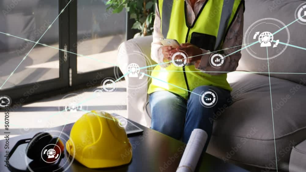 Poster animation of network of connections with icons over caucasian female architect using smartphone