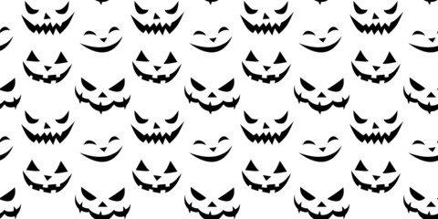 Seamless pattern of smiling faces ghosts in flat style. Vector Halloween's texture or background for party, poster, invitation, any design. Danger animal. Black and white, isolated