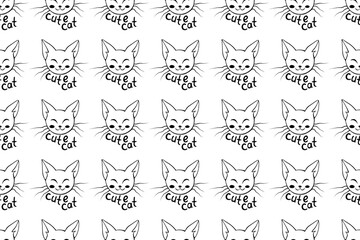 Vector seamless pattern with outline muzzles of cute cat and lettering in doodle style. Funny background, texture, isolated