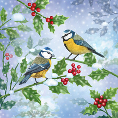 Winter, two tits, a sprig of holly